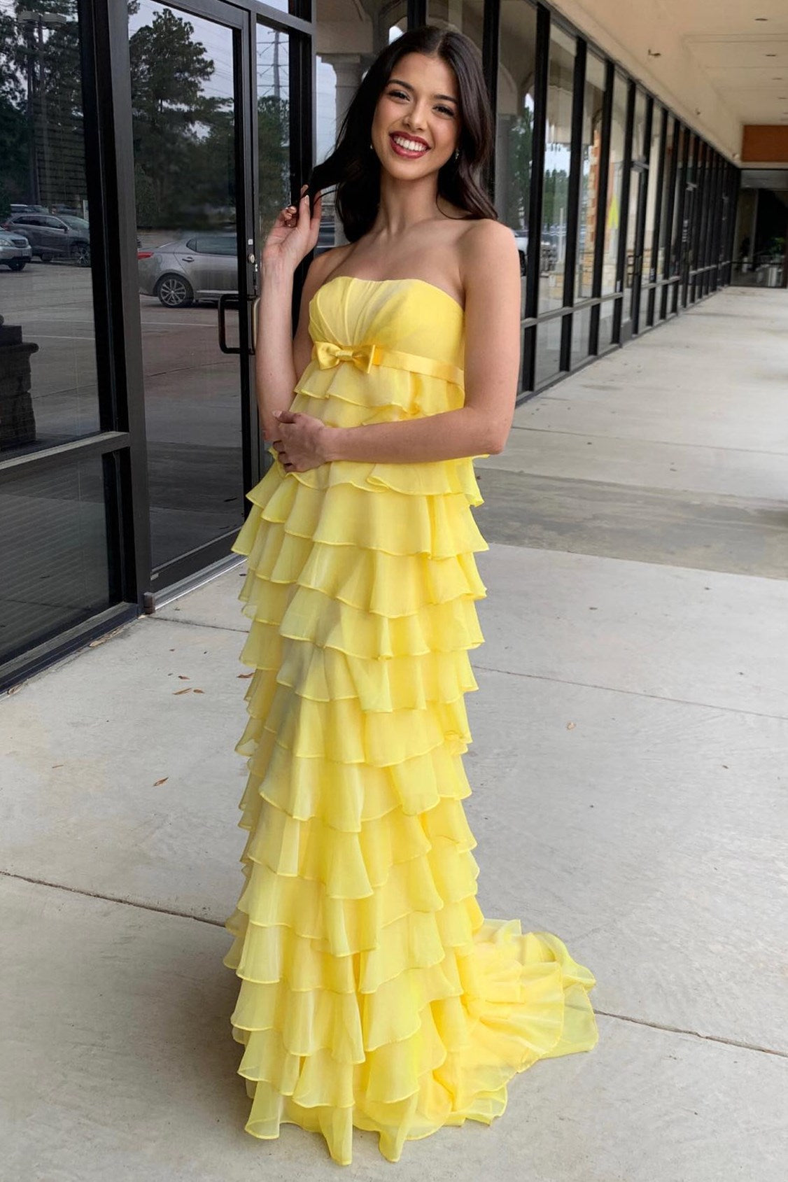  Strapless High-Waist Ruffle Tiered Long Prom Dress with Bow - Prom Dress - DYAVOR® 