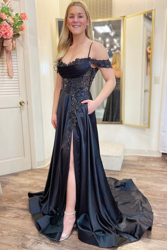  Cold-Shoulder Beaded A-Line Formal Dress with Slit - Prom Dress - DYAVOR® 