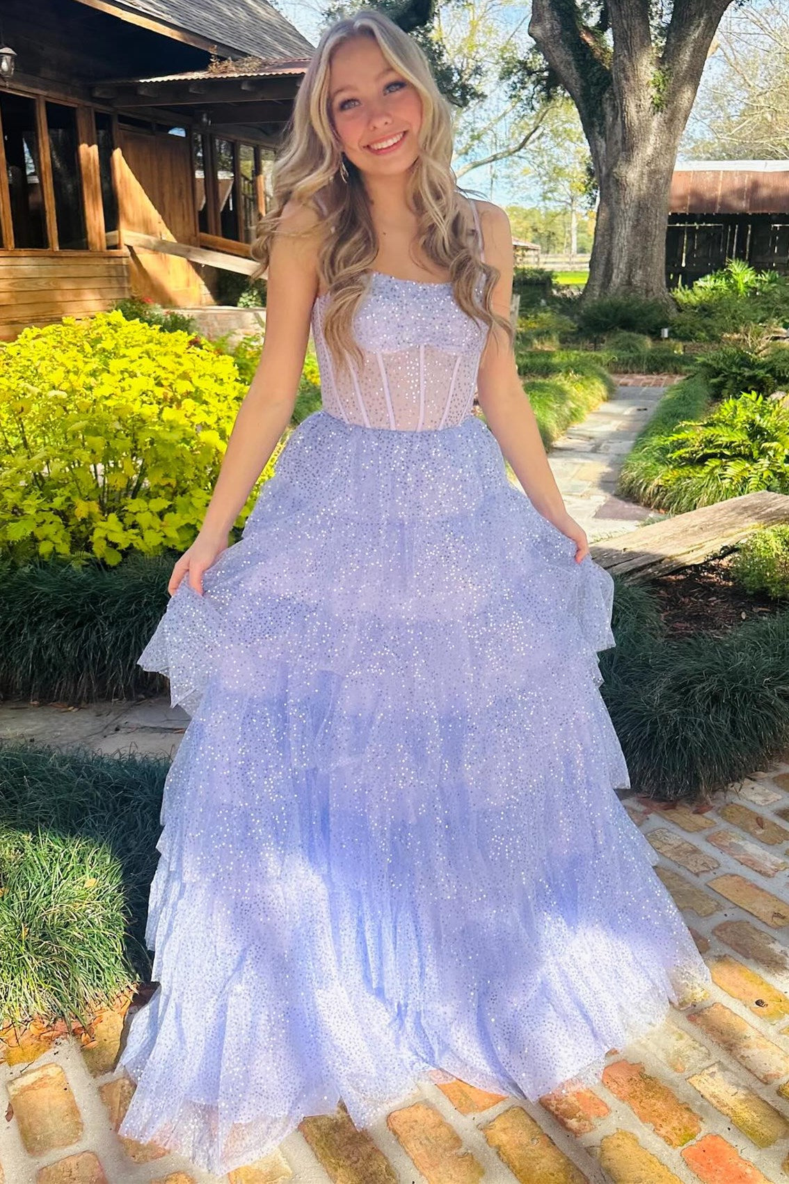  Lavender Tulle Sequin Ruffle Tiered Long Prom Dress - Prom Dress - DYAVOR® 