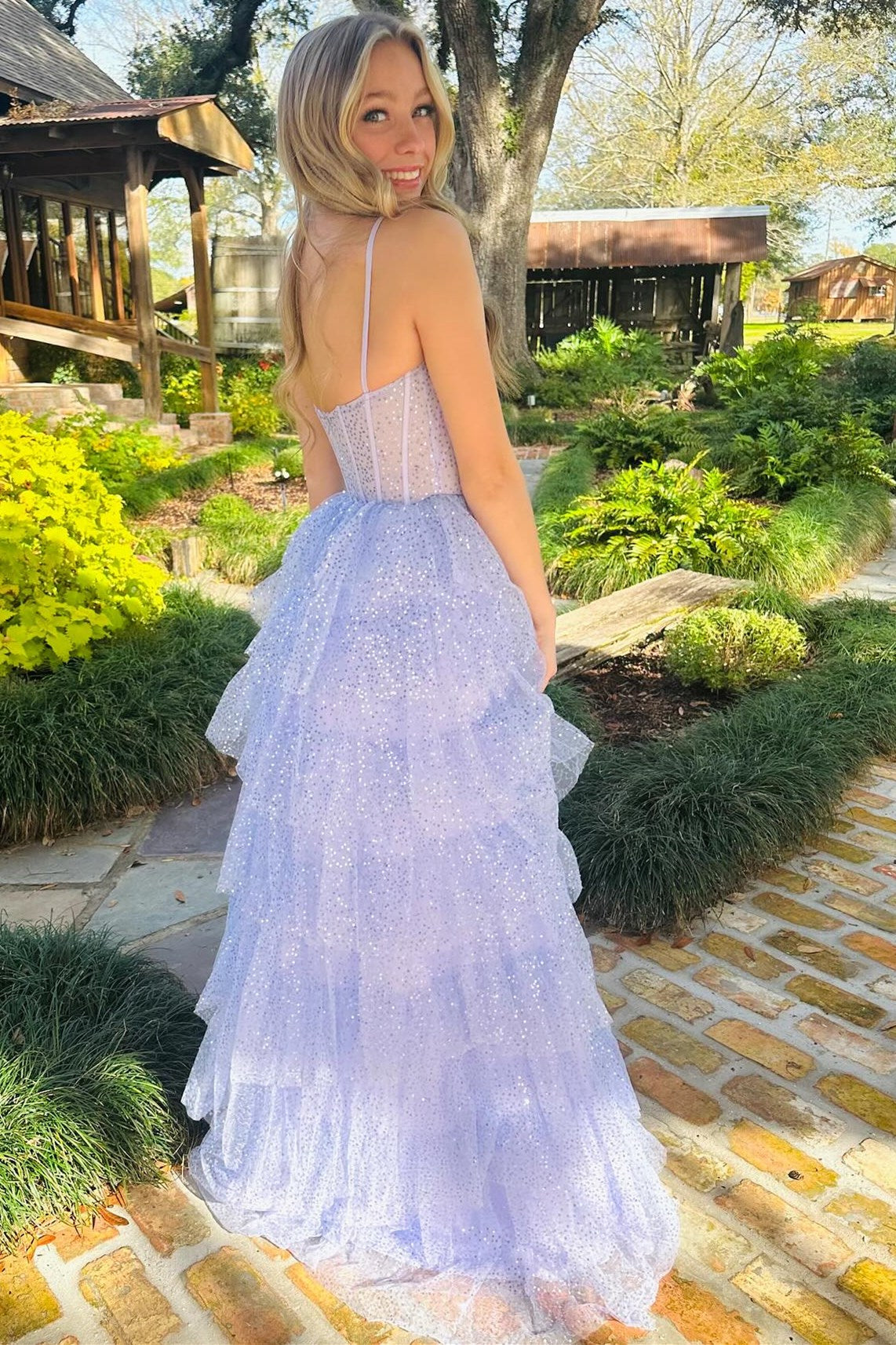  Lavender Tulle Sequin Ruffle Tiered Long Prom Dress - Prom Dress - DYAVOR® 