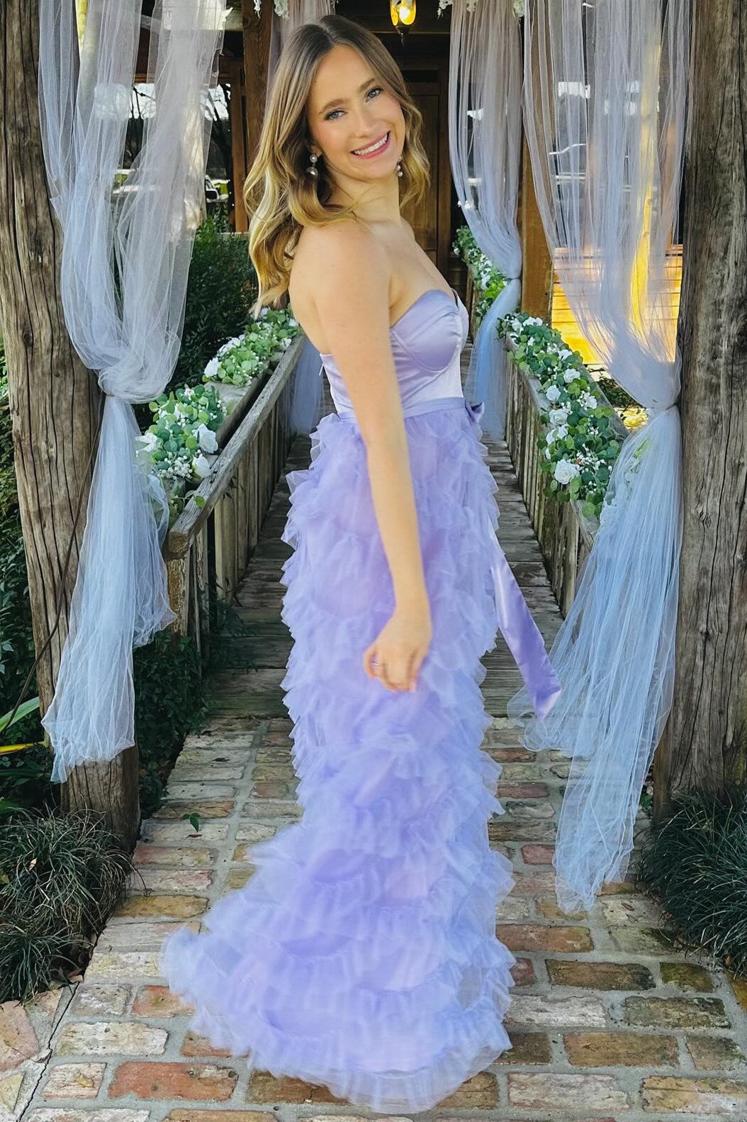  Lavender Sweetheart Bow Belt Ruffle Maxi Dress - Prom Dress - DYAVOR® 