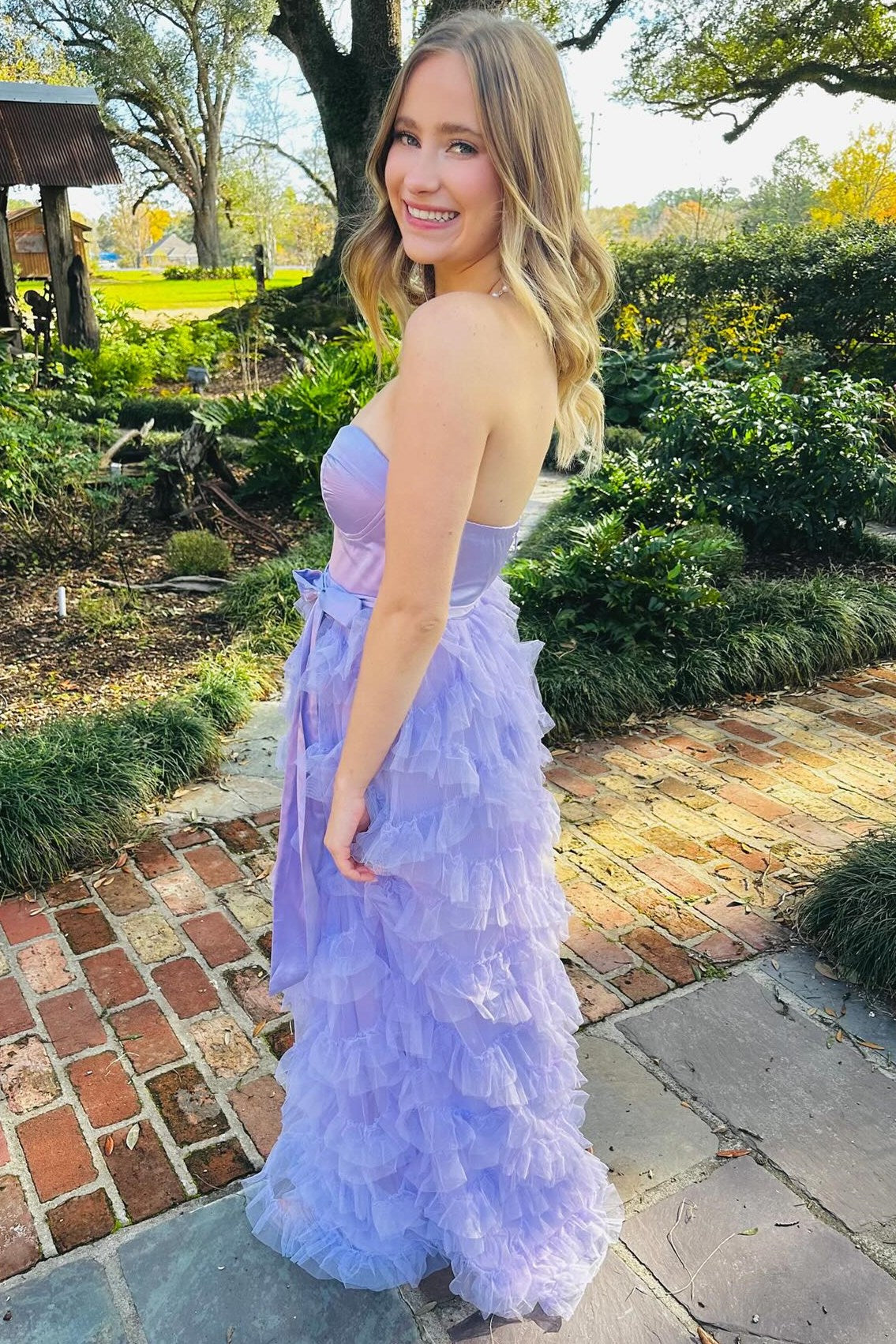  Lavender Sweetheart Bow Belt Ruffle Maxi Dress - Prom Dress - DYAVOR® 