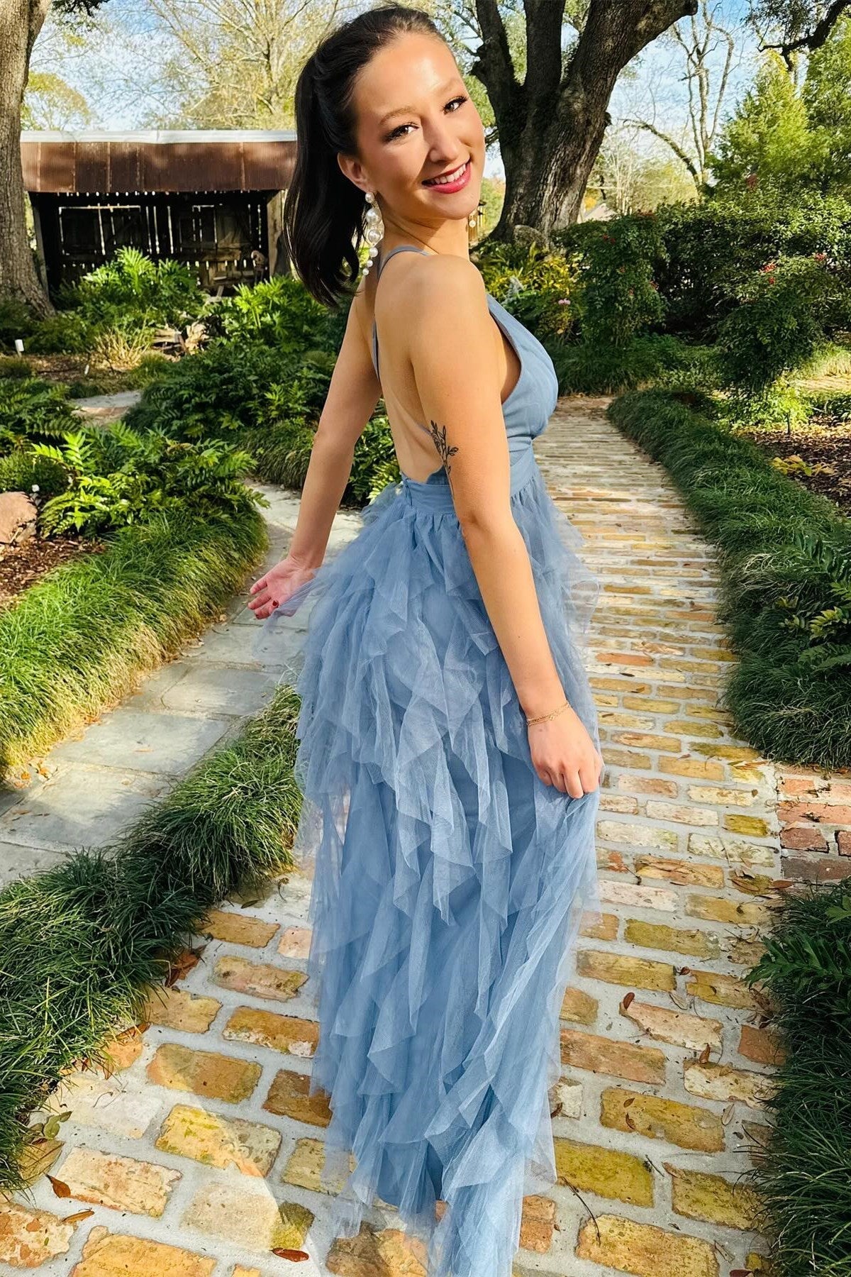  Cross-Back Plunge V Ruffle Maxi Dress in Smoky Blue - Prom Dress - DYAVOR® 