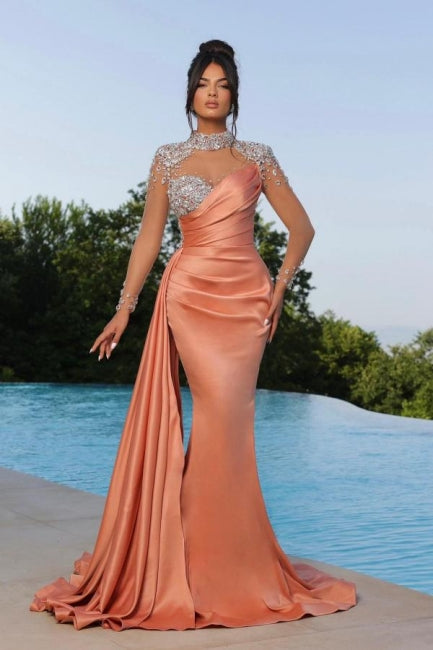  Mermaid Orange Floor-Length High Neck Sweetheart Long Sleeve Prom Dresses with Beadings - Prom Dresses - DYAVOR® 