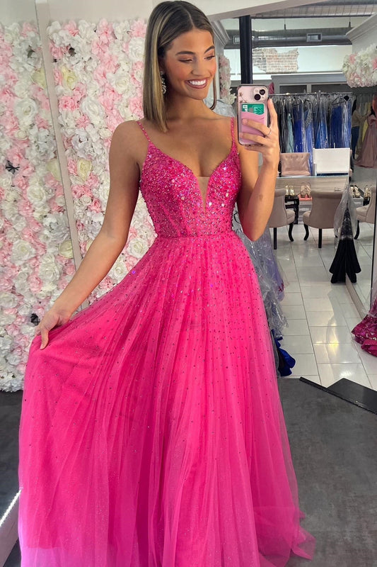  Emmalyn | Straps Neon Pink Beaded A-Line Long Formal Dress - Prom Dress - DYAVOR® 