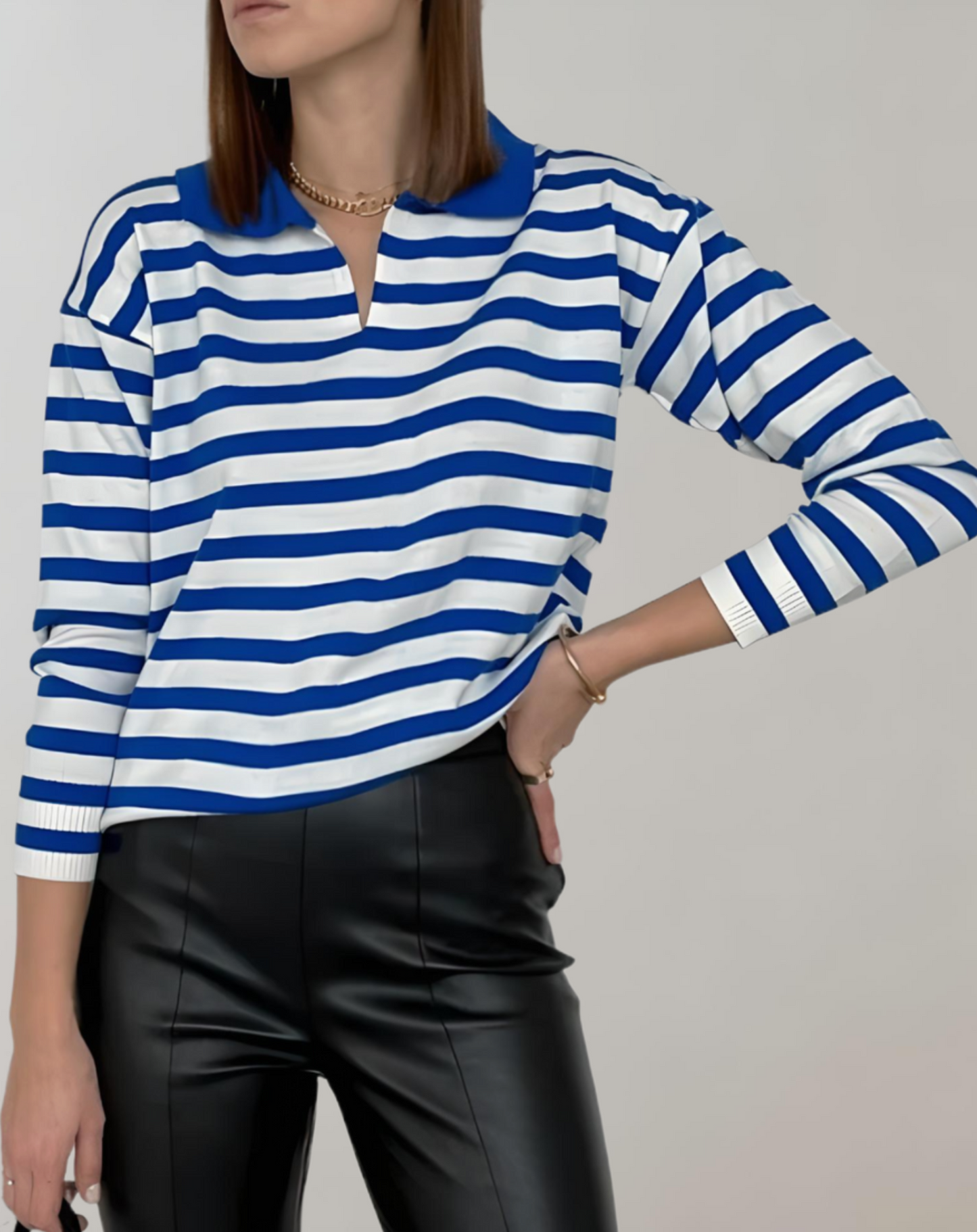 Arya - Women's Oversized Stripe Round Neck Polo Sweater
