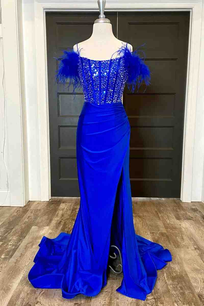  New Mermaid Satin Off The Shoulder Beaded Side Slit Long Prom Dresses With Feather - Prom Dresses - DYAVOR® 