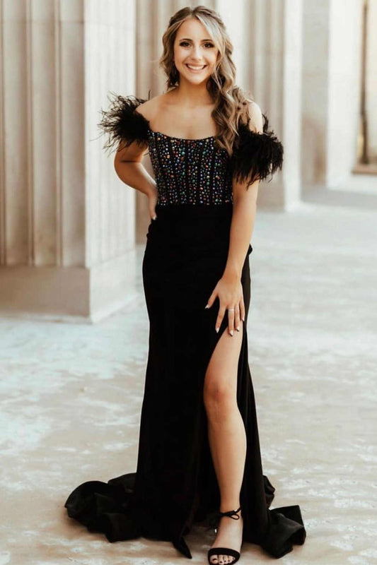  New Mermaid Satin Off The Shoulder Beaded Side Slit Long Prom Dresses With Feather - Prom Dresses - DYAVOR® 