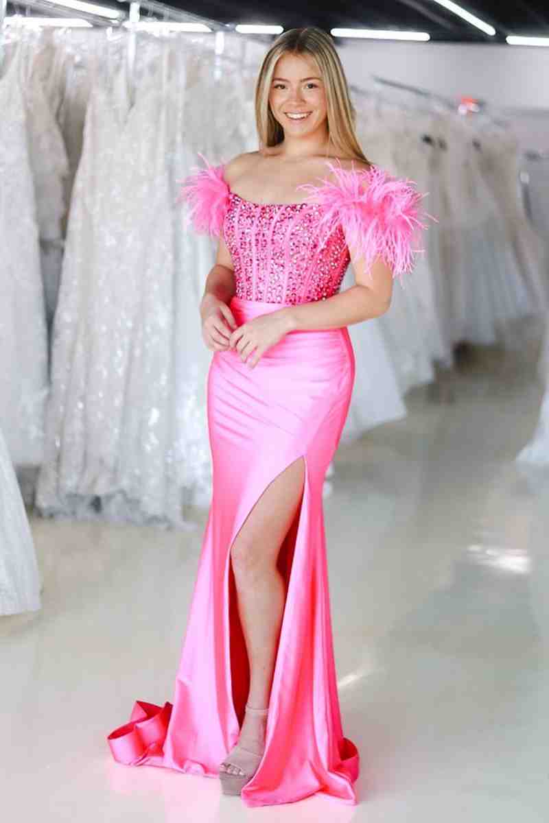  New Mermaid Satin Off The Shoulder Beaded Side Slit Long Prom Dresses With Feather - Prom Dresses - DYAVOR® 