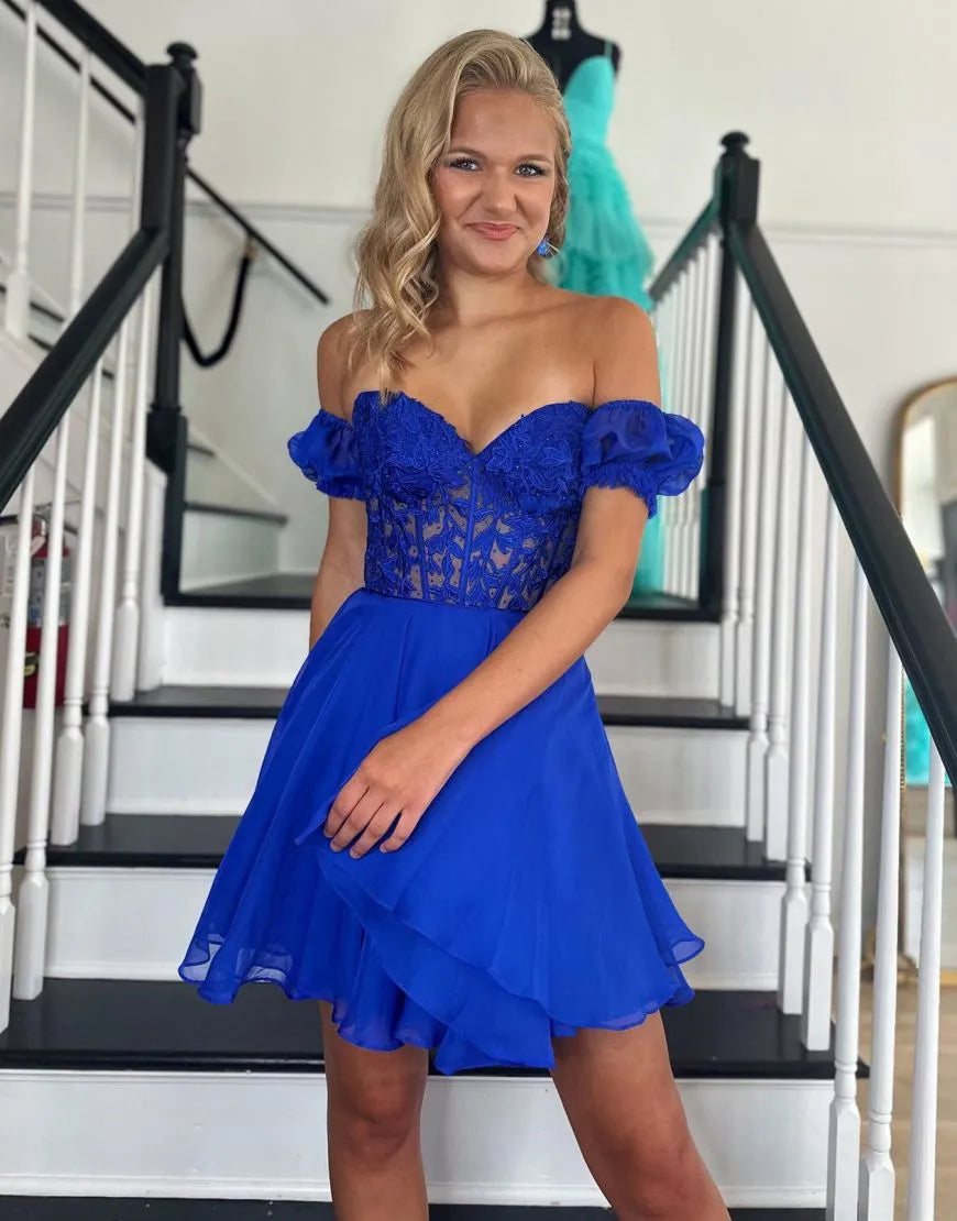 Lavinia |A Line Lace Off the Shoulder Homecoming Dress with Appliques - Cocktail Dress - DYAVOR® 