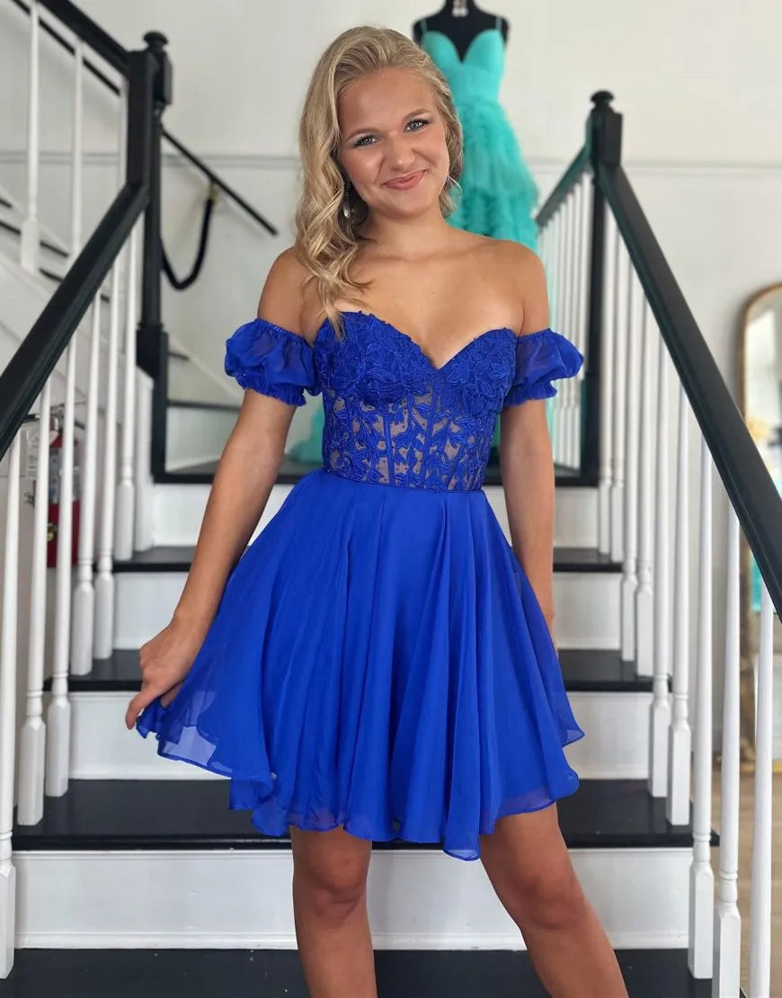  Lavinia |A Line Lace Off the Shoulder Homecoming Dress with Appliques - Cocktail Dress - DYAVOR® 