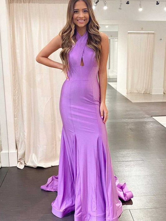  Halter Cross Neck Purple Long Bodycon Prom Dress - Prom Dress - DYAVOR® 