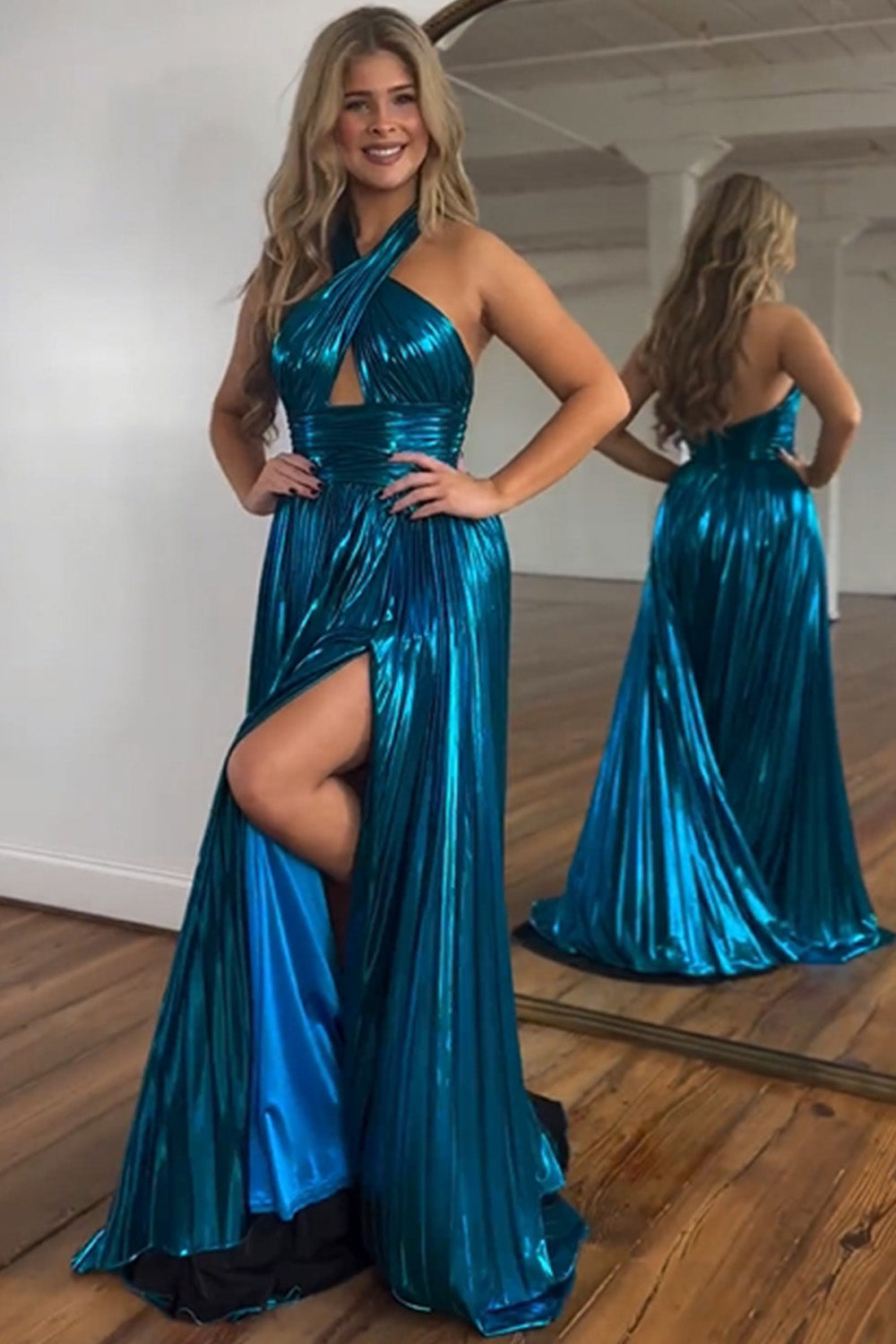  Peacock Blue Halter Neck A-Line Long Prom Dress With Split - Prom Dress - DYAVOR® 