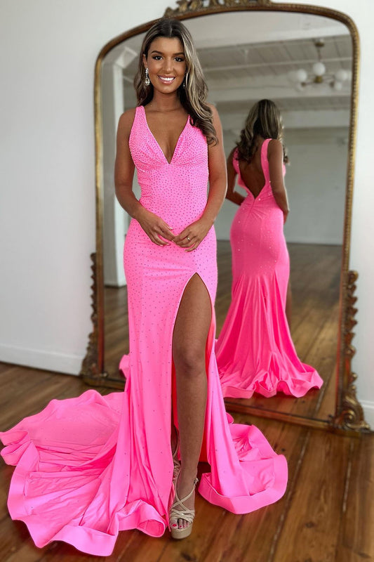  Sparkly Pink Mermaid V-Neck Sweep Train Beaded Prom Dress With Split - Prom Dress - DYAVOR® 