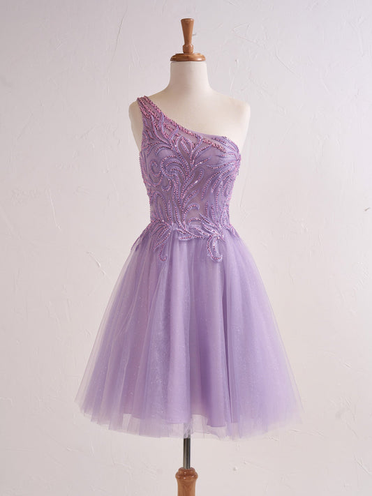  Amiri | One Shoulder A-line Lilac Short Homecoming Dress with Appliques - Cocktail Dress - DYAVOR® 