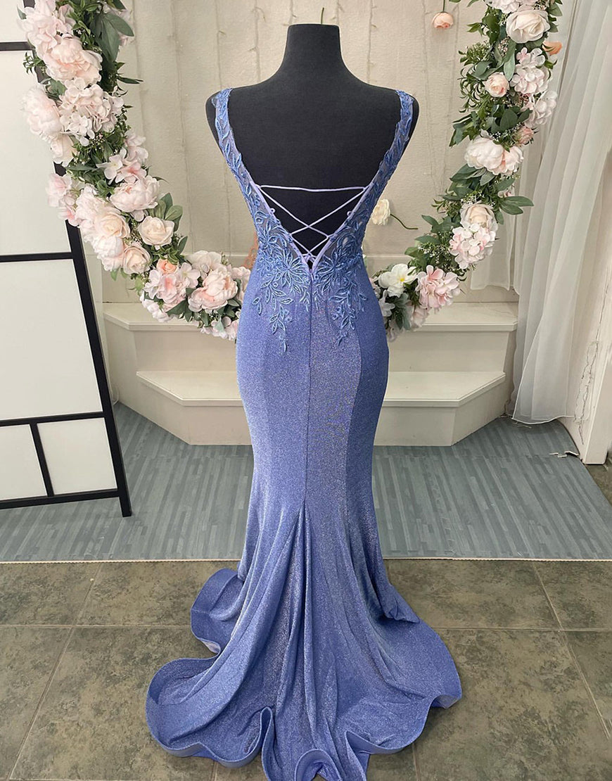  Purple V-Neck Corset Back Long Prom Dress With Appliques - Prom Dress - DYAVOR® 