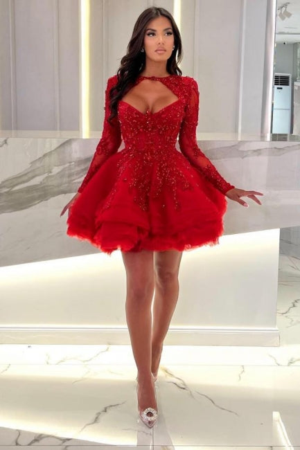  Red Mini A-Line Long Sleeves Ruffles Halter Prom Dresses with Appliques - Prom Dresses - DYAVOR® 