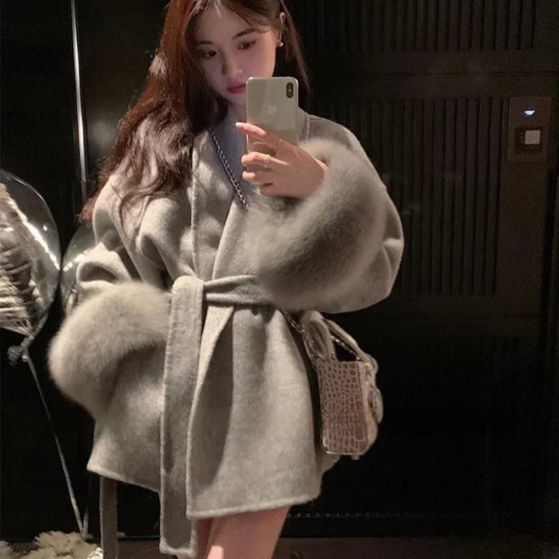 Elegant Fox Fur Wool Overcoat For Women – Short Double-Sided Wool Coat 2025