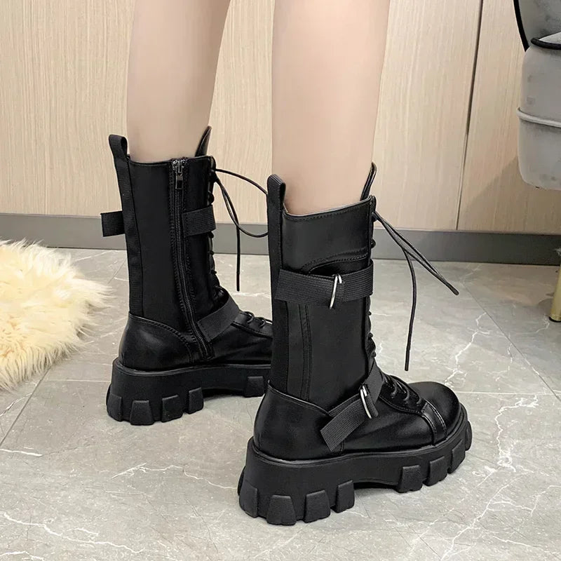 Women Mid-Calf Motorcycle Boots Punk Gothic Black High Heel Cosplay Long Knight Boots Women