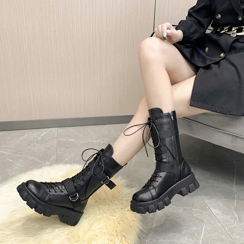 Women Mid-Calf Motorcycle Boots Punk Gothic Black High Heel Cosplay Long Knight Boots Women