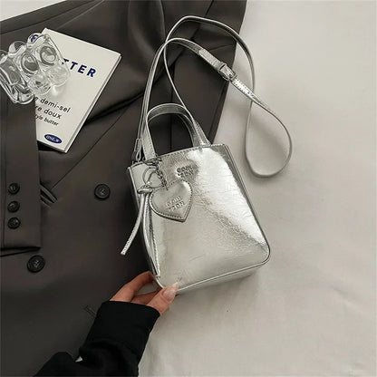 Korean Trend Silver Mini Square Leather Shoulder Bag – High-Quality Crossbody Purse