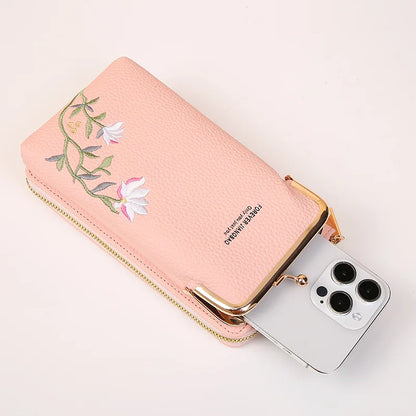 Elegant Floral Leather Mini Crossbody Bag – Mobile Phone Purse & Messenger Wallet