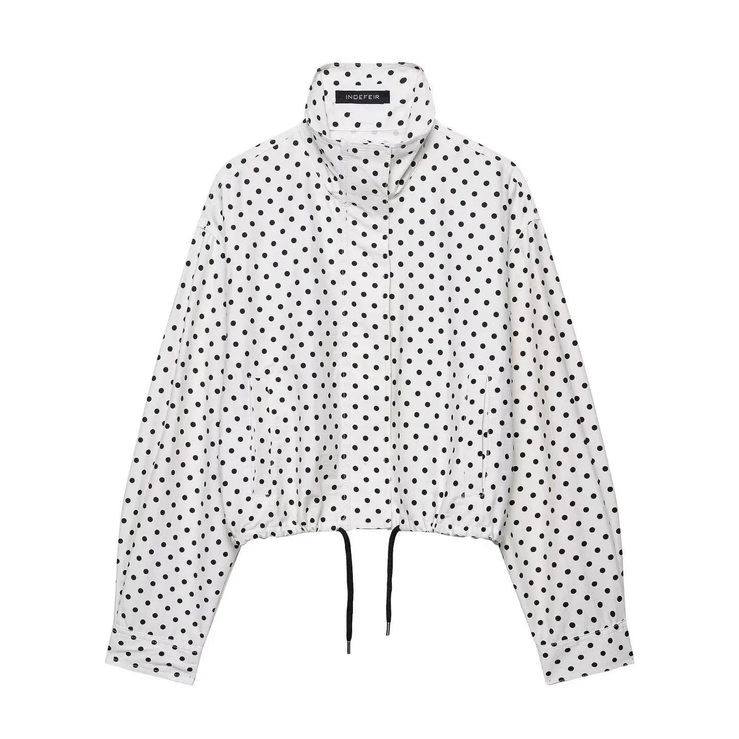 Autumn Polka Dot Turtleneck Zipper Jacket – Casual Drawstring Fashion Coat Women
