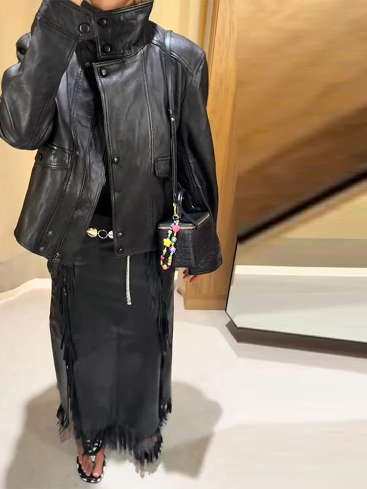 Stand Collar Leather Jacket For Women – Double Button High Street