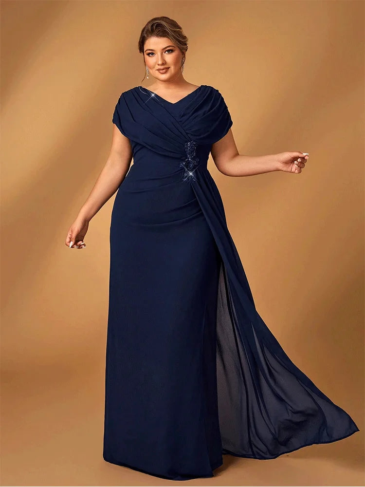 Luxury Plus Size Mother of the Bride Evening Gown – Shiny Navy Blue Chiffon Formal Dress
