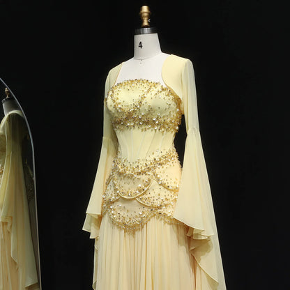 Elegant White & Yellow Chiffon Corset Evening Dress with Flare Sleeve Jacket
