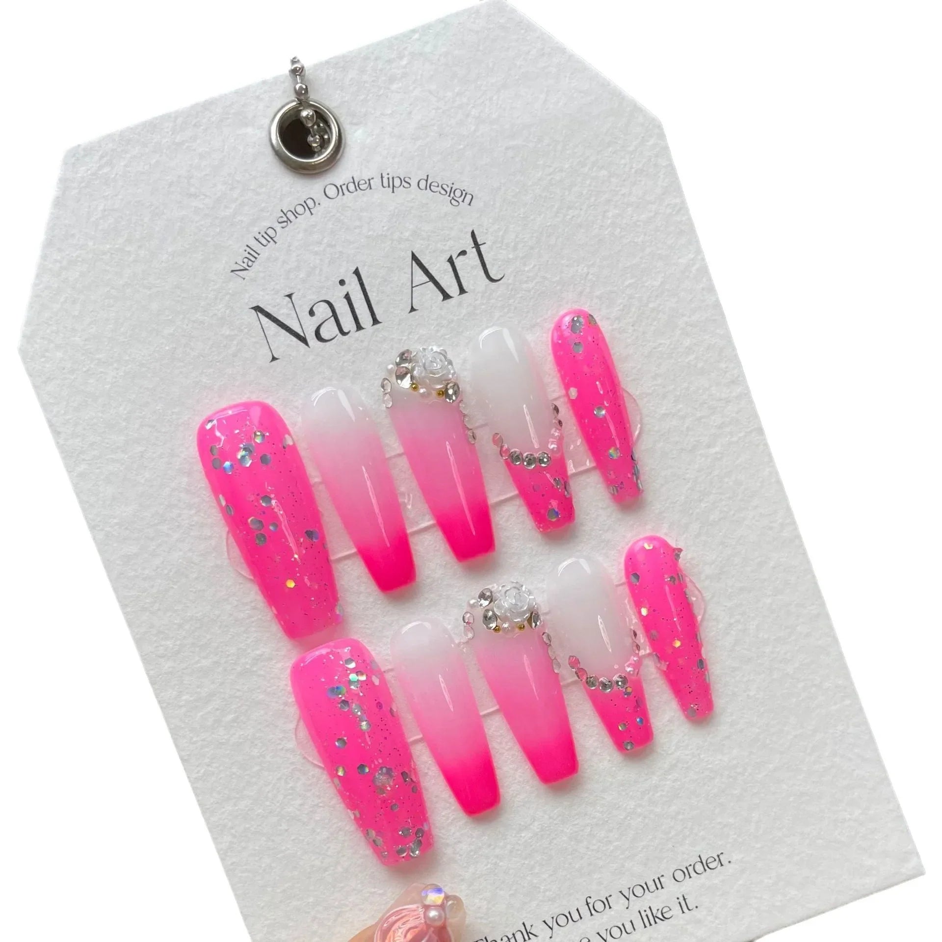  10Pcs Pink Long Ballet Handmade Press On Nails French Rhinestones Wearable False Nails Gradient Decoration Fake Nails Tips Art -  - DYAVOR® 