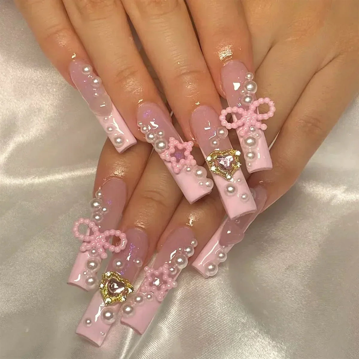  24Pcs Pink Bow Design False Nails Long Ballet Press on Nails with Pearl Wearable Coffin Fake Nails French Square Finger Nail -  - DYAVOR® 