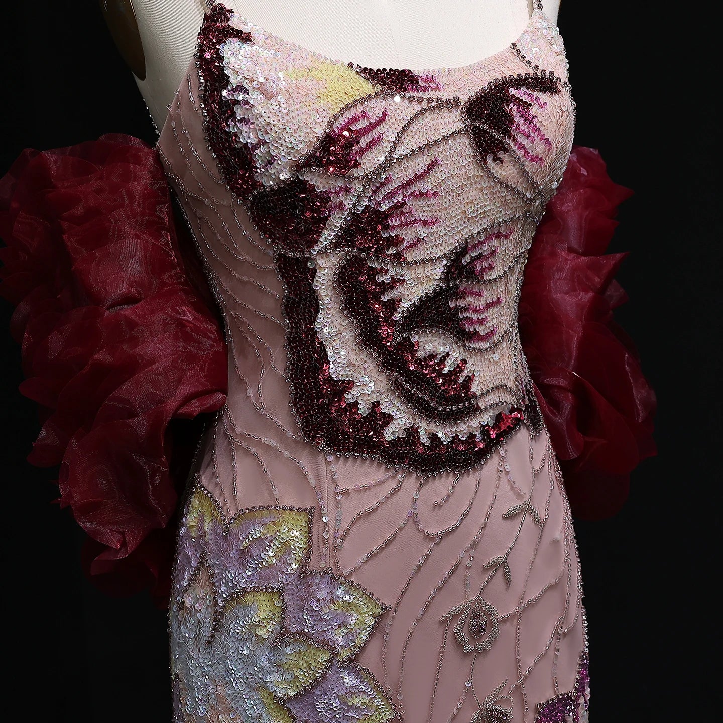 Luxury Pink Floral Beaded Evening Dress – Elegant Custom Gown with Burgundy Shawl Cape