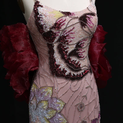 Luxury Pink Floral Beaded Evening Dress – Elegant Custom Gown with Burgundy Shawl Cape