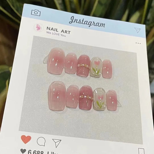  Spring Girl Blush Manicure Pearl Tulip Square Fake Nails Pink Sweet Handmade Nail Art Patches Girl Gift -  - DYAVOR® 