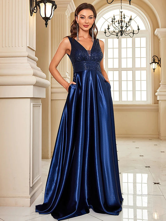 Elegant Sequin Deep V-Neck Satin Evening Dress – Floor-Length Formal Gown