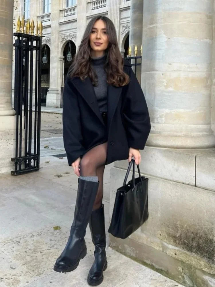 Urban Black Wool Blend Coat – Stand Collar Warm Jacket 2025