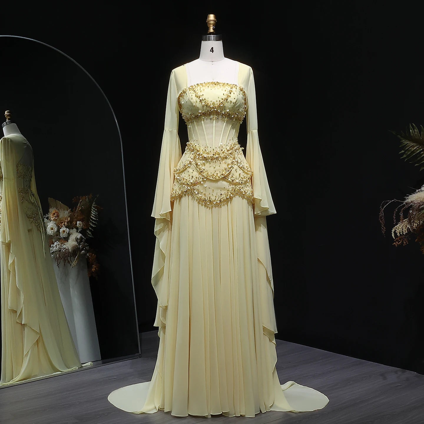 Elegant White & Yellow Chiffon Corset Evening Dress with Flare Sleeve Jacket