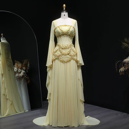 Elegant White & Yellow Chiffon Corset Evening Dress with Flare Sleeve Jacket