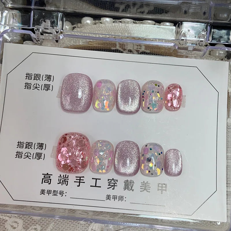  10pcs handmade false nails ballet short glitter pink cat eyes fake nails with glue full cover Nude White press on acrylic nails -  - DYAVOR® 