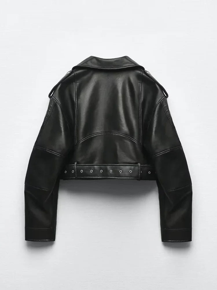 Oversized Vintage Faux Leather Moto Biker Jacket – Belted Retro Streetwear Women