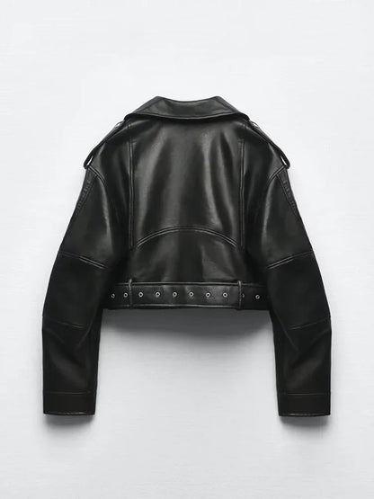 Oversized Vintage Faux Leather Moto Biker Jacket – Belted Retro Streetwear Women
