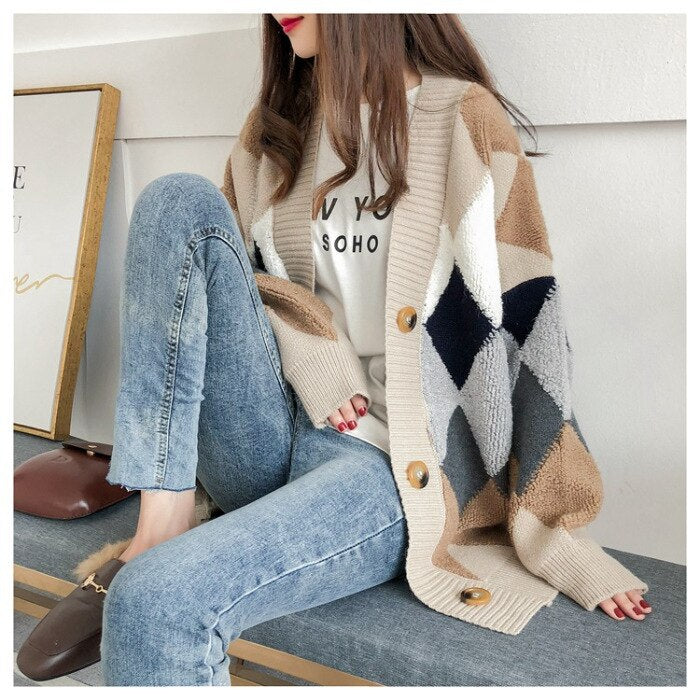  Luxury Cardigans Plaid Loose Button Puff Sleeve Knitted Cardigan Female Warm Y2K Tops Sweaters S-XL Long Cardigans Women 2023 -  - DYAVOR® 