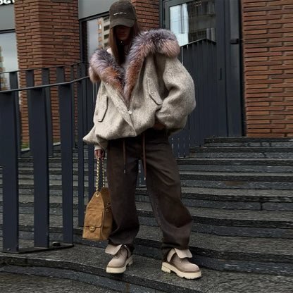 Vintage Thicken Faux Fur Woolen Hooded Pocket Lantern Sleeve Elastic Waist Coat Women