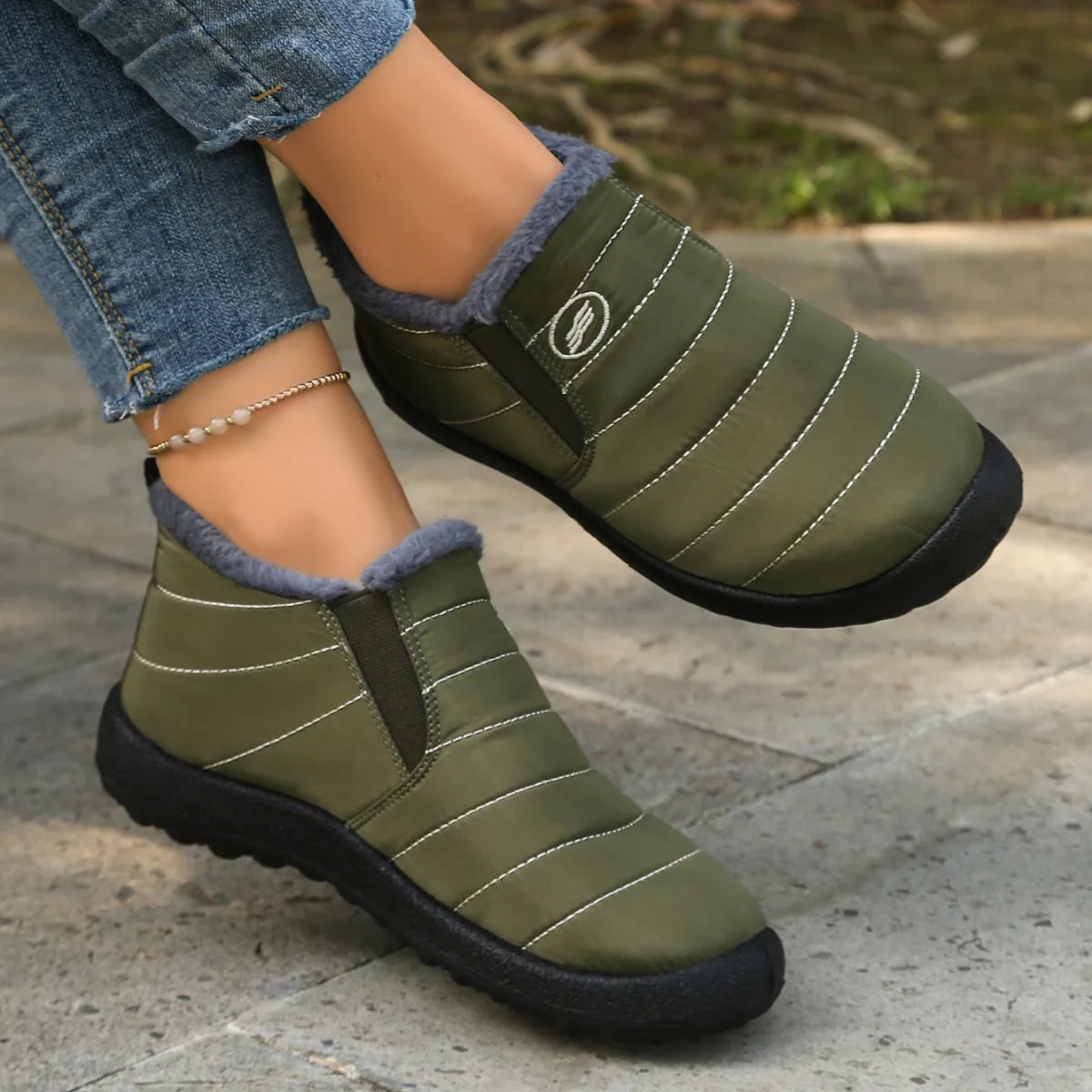 Fur Lined Ankle Boots Women Winter Warm Waterproof Slip-On Short Shoes