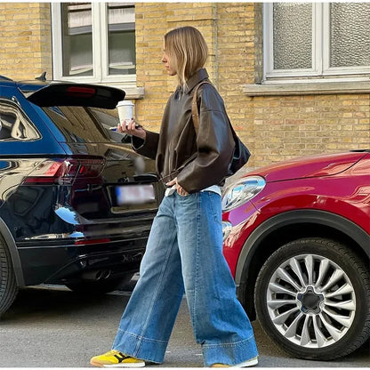 Vintage Leather Bomber Jacket – Zipper Lapel Belted Streetwear Coat for Women