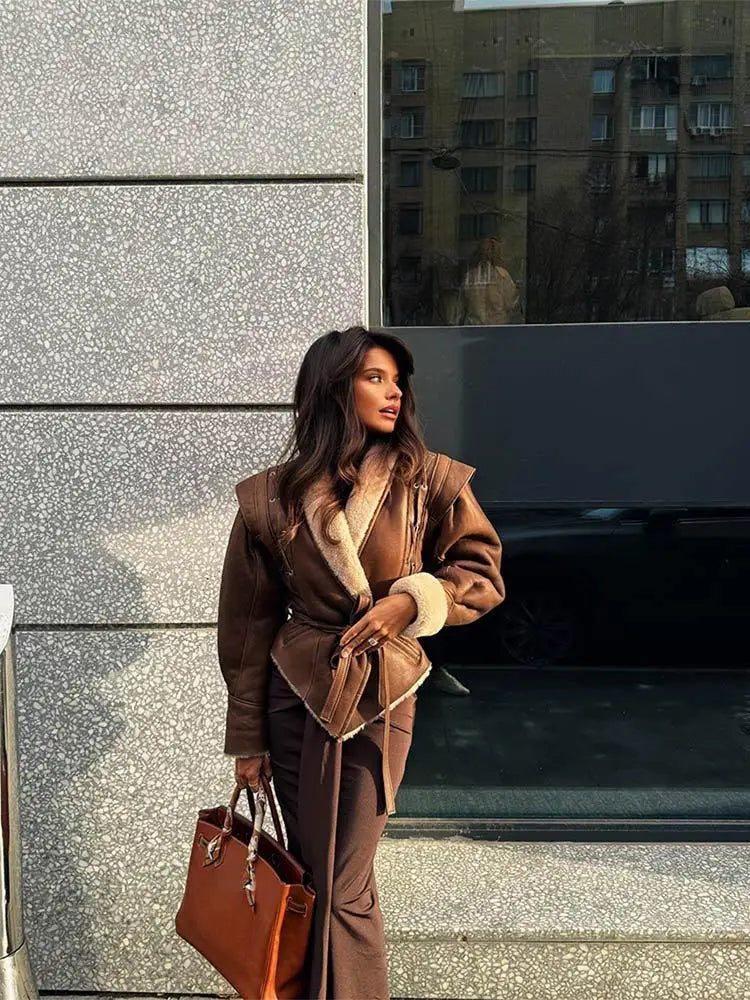 Leather Jacket with Belt & Fur Collar For Women | Elegant Streetwear Coat