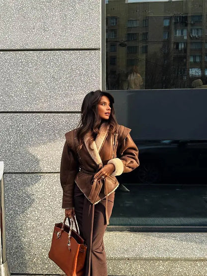 Leather Jacket with Belt & Fur Collar For Women | Elegant Streetwear Coat