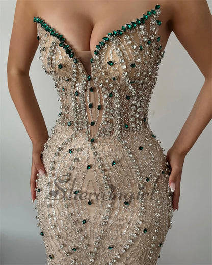 Bling Mermaid Prom Dress with Rhinestones Sleeveless Brush Train Evening Gown