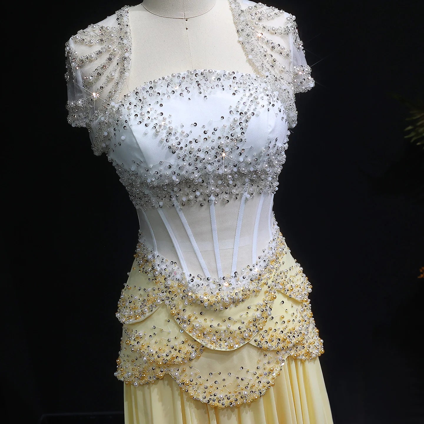 Elegant White & Yellow Chiffon Corset Evening Dress with Flare Sleeve Jacket